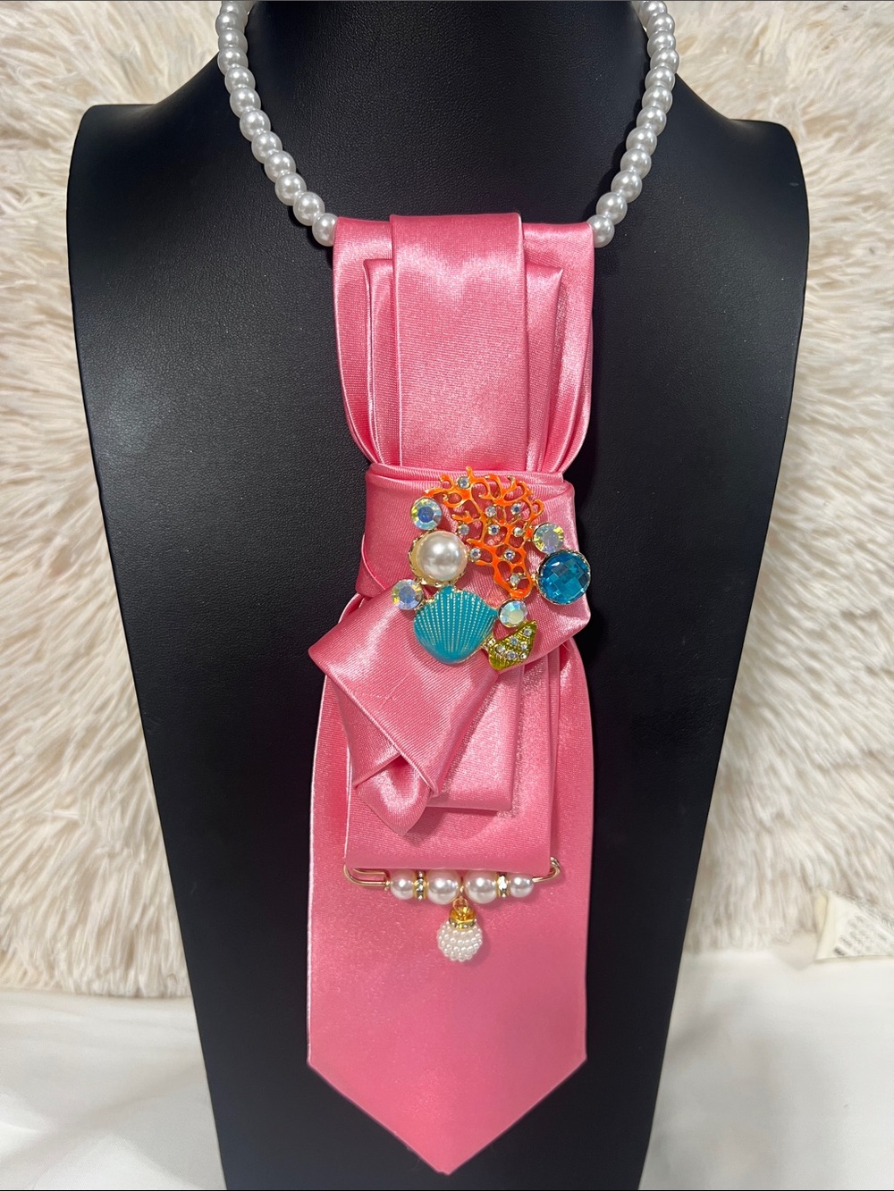 Pink Satin Statement Tie Necklace with Pearl Strand